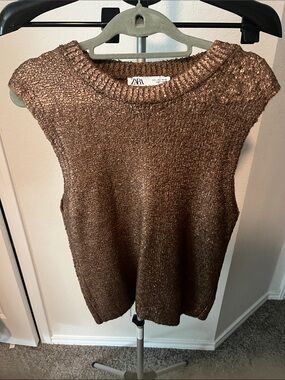 Zara Shimmery Brown Metallic Knit Sleeveless Vest